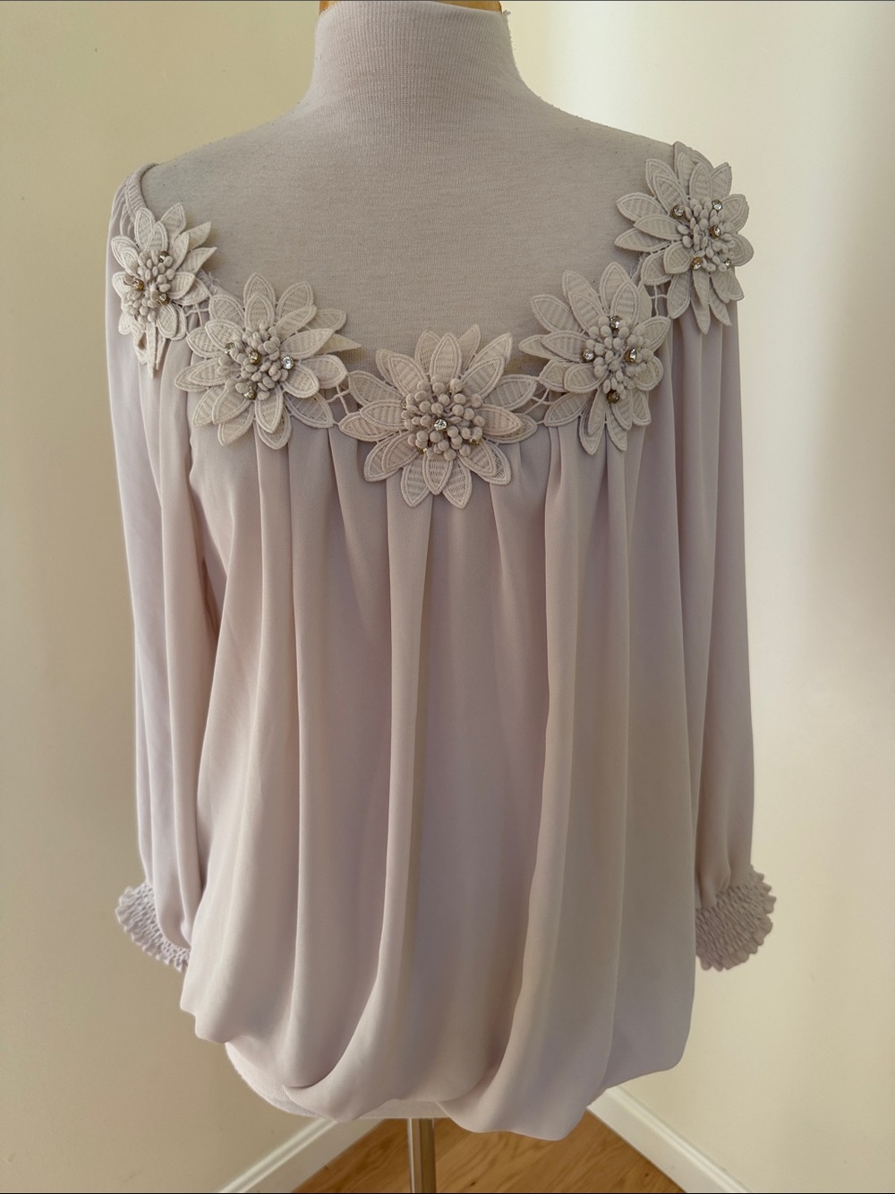 New! Joseph Ribkoff SZ 14, champagne floral appliqué off  the shoulder blouse.